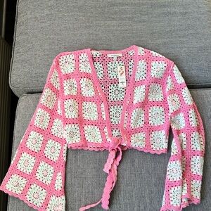 Francesca’s Pink White Crochet Tie Front Cardigan Boho Square Crop Top S NWT